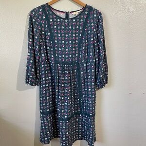 Boden Teal Floral Long Sleeve Midi Dress Back Zip Shift Womens 8R US Cottagecore